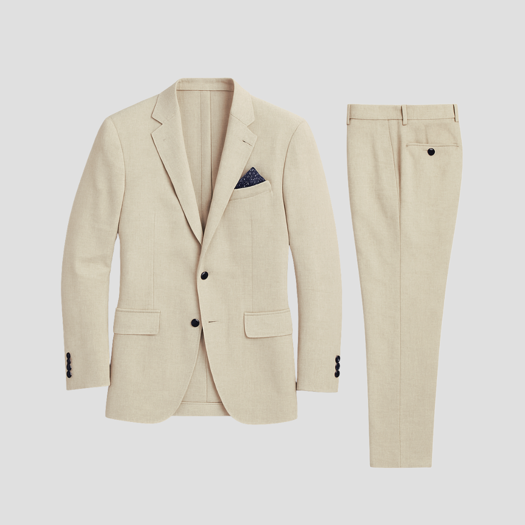Lightweight men's summer suit: two-piece blazer & trousers. Ideal for comfortable, elegant warm-weather formal wear.