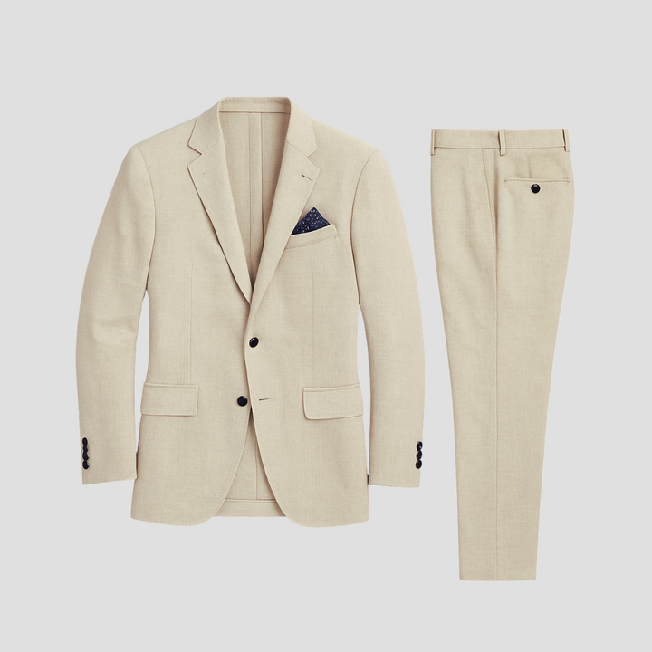 Lightweight men's summer suit: two-piece blazer & trousers. Ideal for comfortable, elegant warm-weather formal wear.