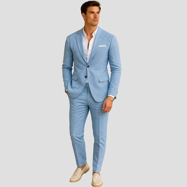 Versatile men's two-piece summer suit for smart casual or formal events. Tailored blazer & trousers for modern style.