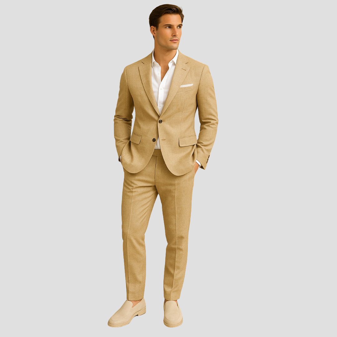 Elegant men's summer suit featuring a tailored blazer and matching trousers. Sophisticated two-piece for modern formal wear.