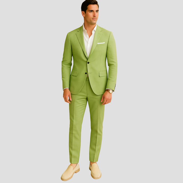 Sophisticated men's two-piece summer suit. Elegant, comfortable tailored blazer & trousers for warm-weather occasion wear.