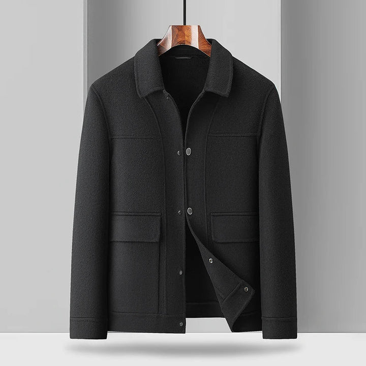 Black men's stylish utility field jacket. Modern outerwear, tailored for versatile layering as an overshirt.