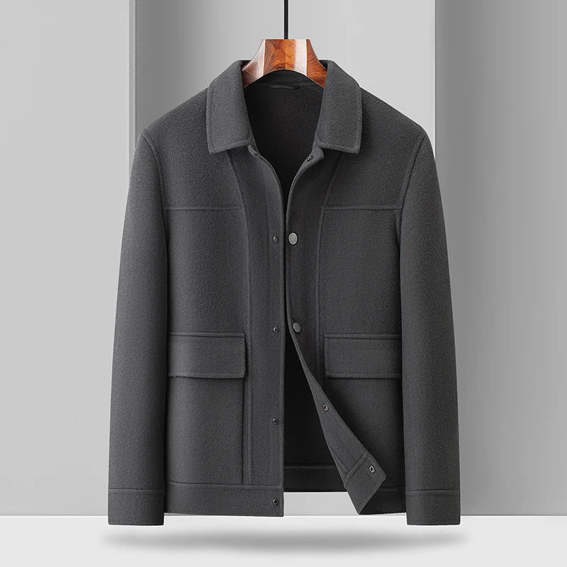Gray men's stylish utility field jacket, a modern tailored overshirt. Versatile outerwear perfect for layering.