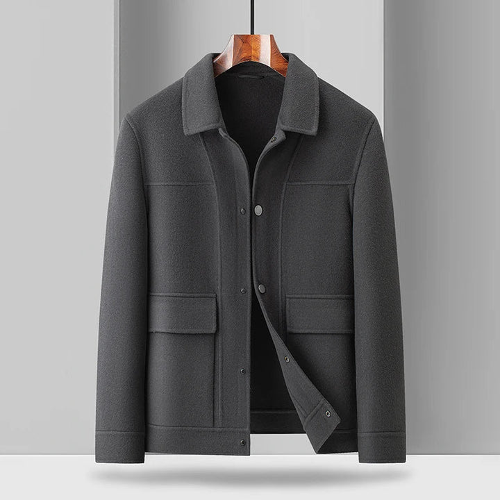 Gray men's stylish utility field jacket, a modern tailored overshirt. Versatile outerwear perfect for layering.