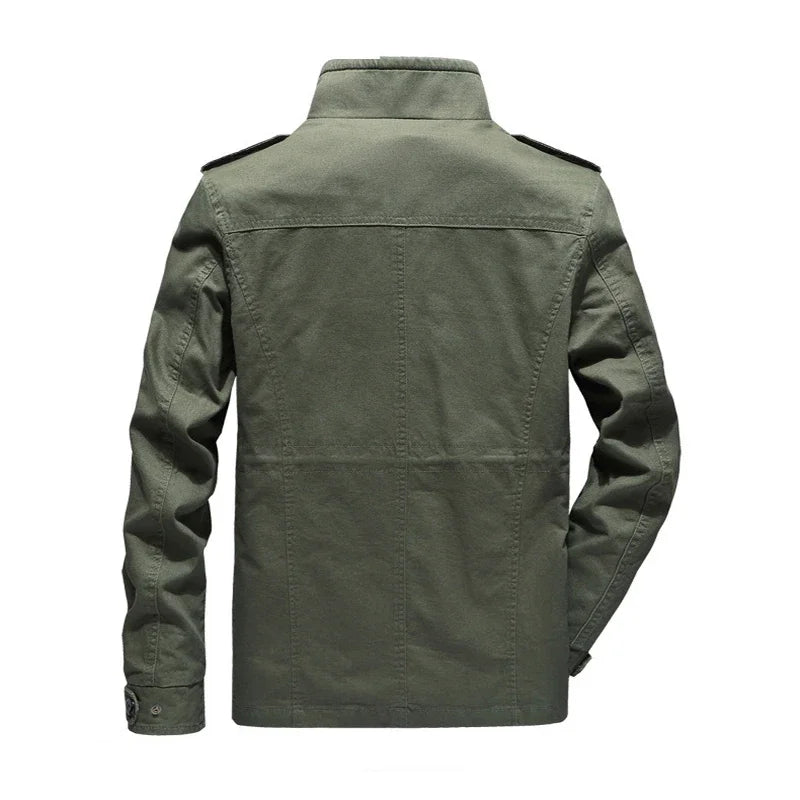 Durable men's utility jacket with multiple zippered pockets, a lightweight and comfortable military-style outer layer.