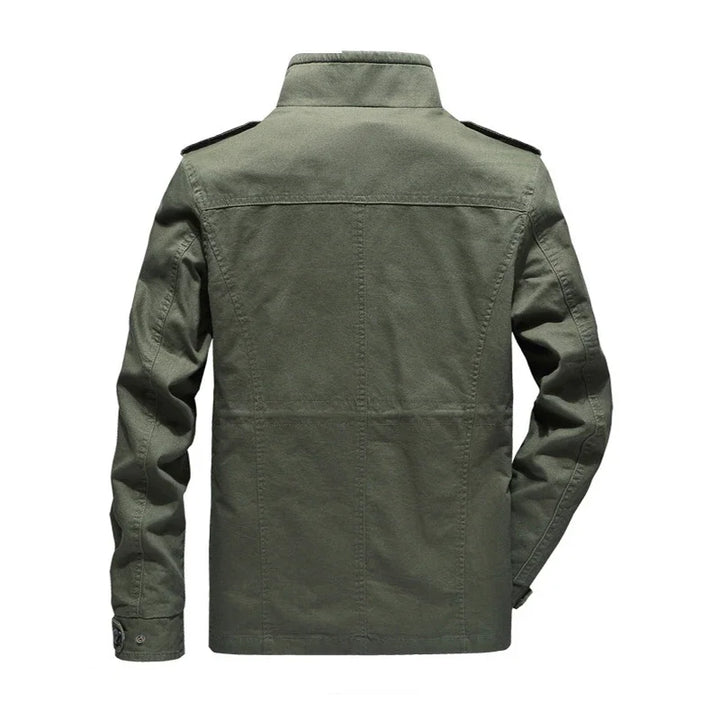 Durable men's utility jacket with multiple zippered pockets, a lightweight and comfortable military-style outer layer.