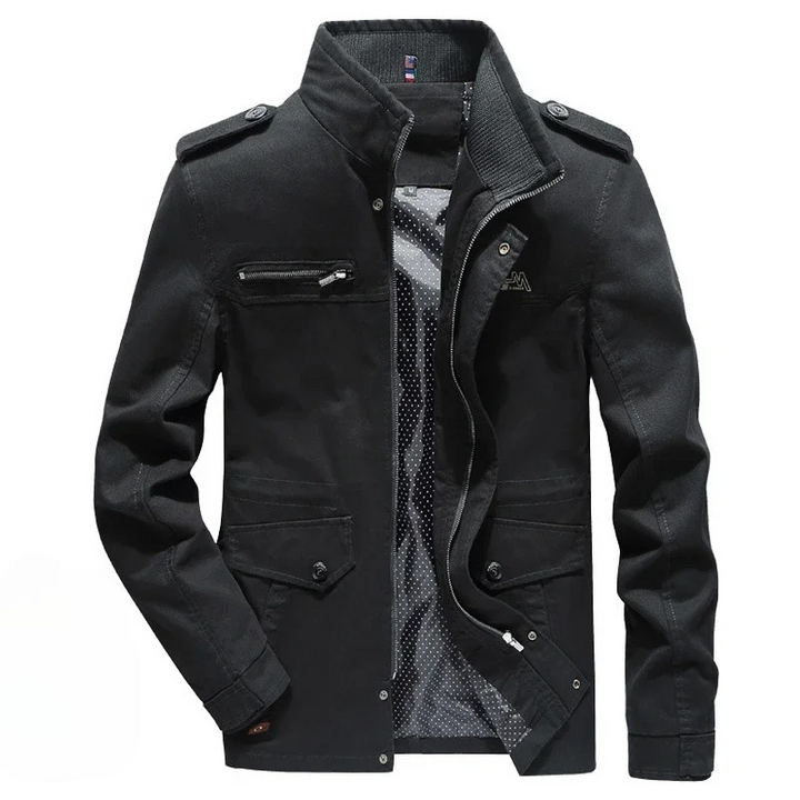 Men's casual utility jacket, a durable and comfortable outerwear choice with practical zippered pockets for outdoor wear.