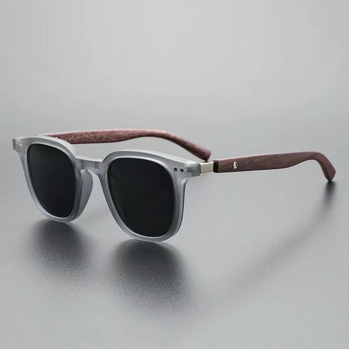 Fashionable men's polycarbonate sunglasses with wood accents, offering 100% UV protection.