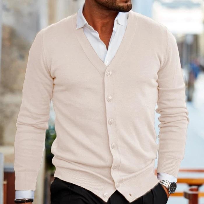 Modern V-neck button-up cardigan for men, offering warmth and style. A versatile sweater for all seasons.