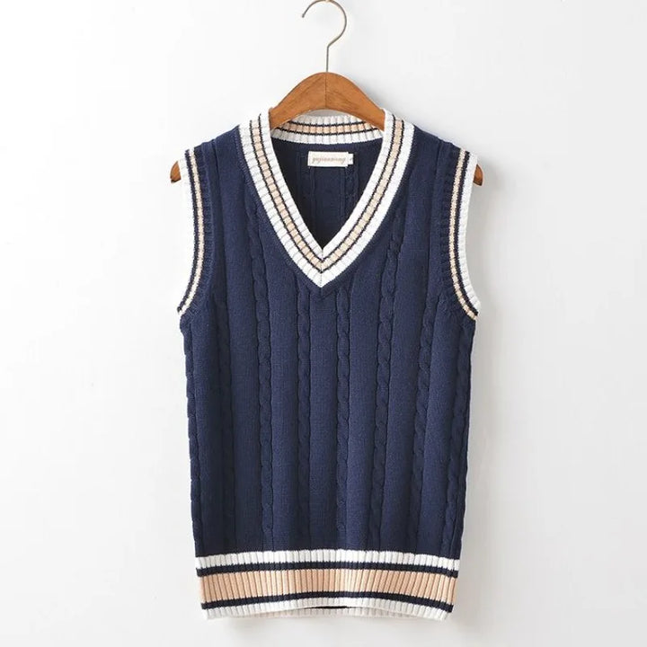 Sleeveless men's V-neck knit vest, a versatile layering piece for cozy warmth and casual or smart-casual outfits.