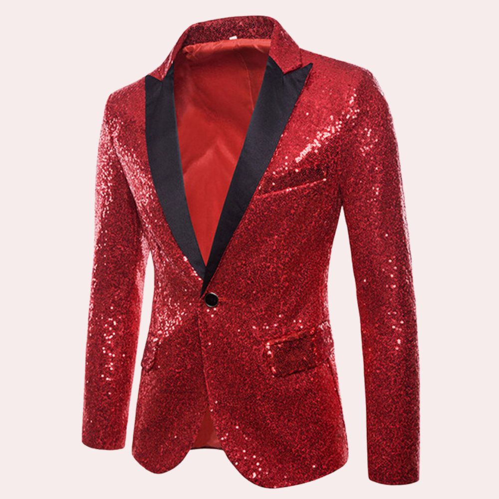 Red men's smart fashion blazer, versatile for business, casual wear. Modern formal menswear style.