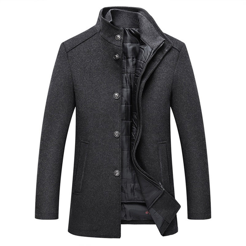 Men's woolen windproof striped jacket, offering stylish warmth & comfort for winter outerwear.