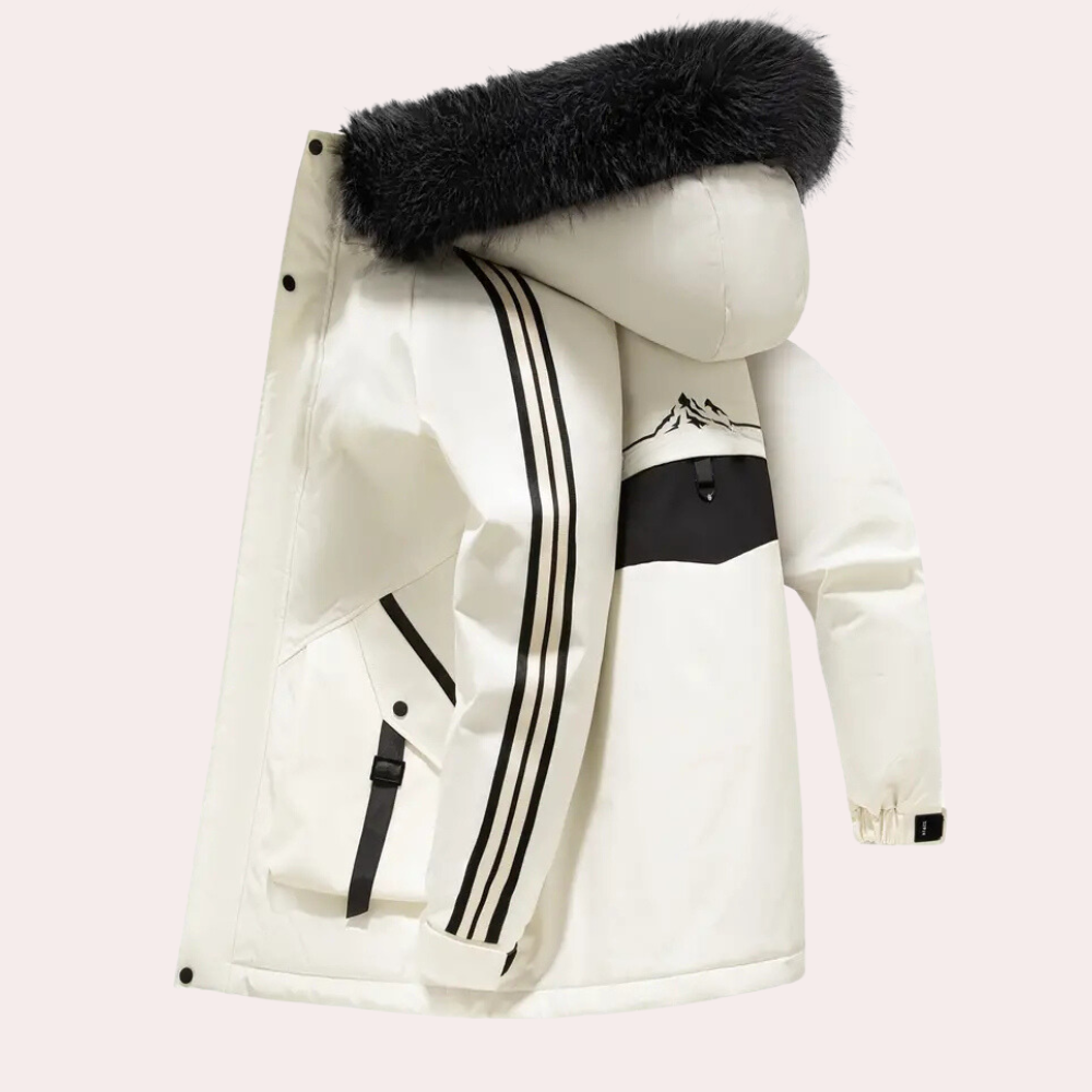 Warm men's insulated winter coat with weather protection. Ideal stylish outerwear for cold climates.