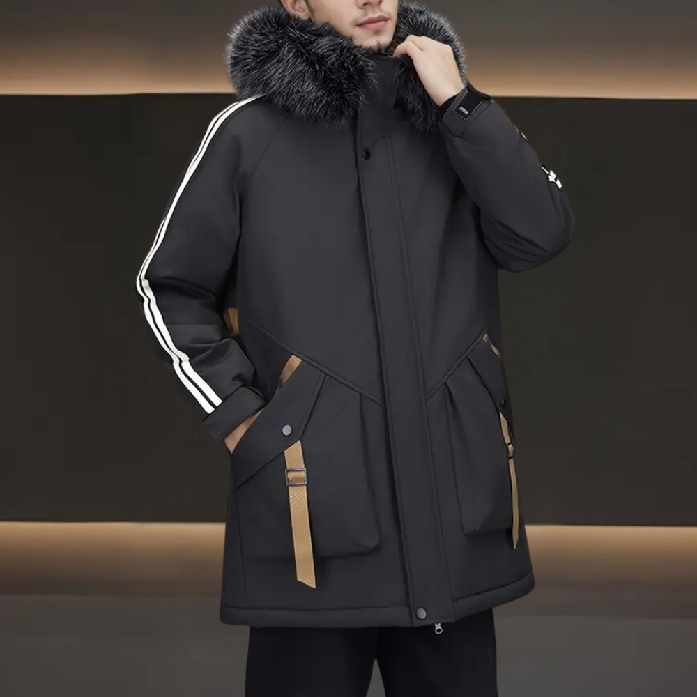 Modern men's insulated winter jacket, ultimate warmth, comfort & cold weather protection. Stylish outerwear.