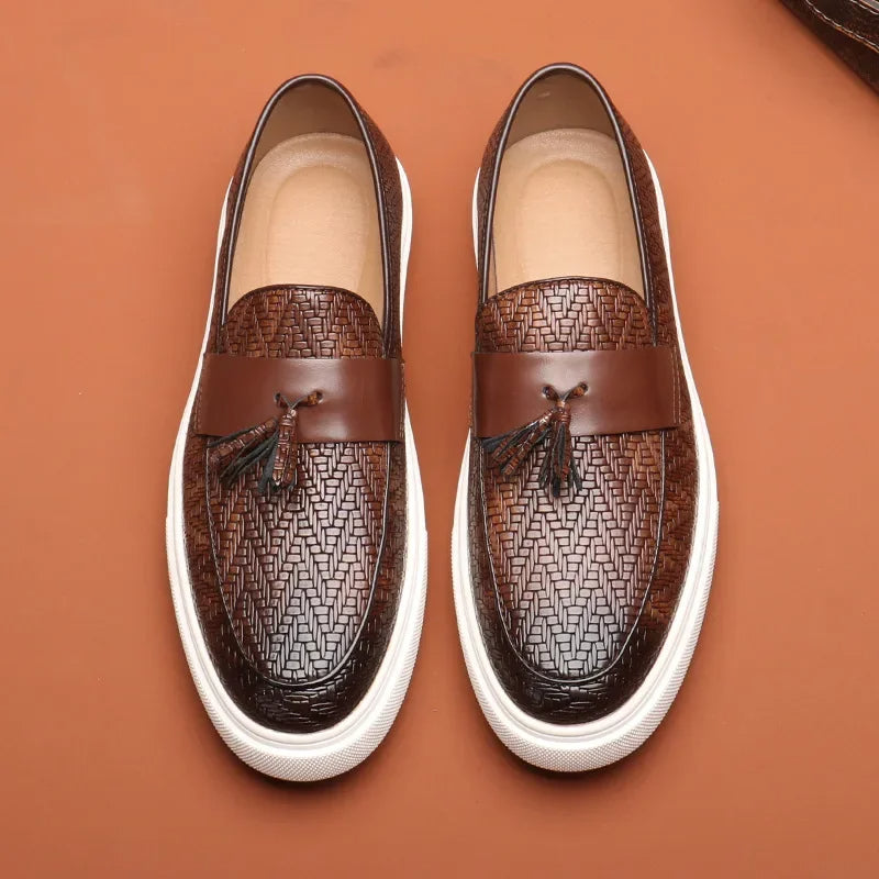 Versatile men's woven tassel loafers. Perfect dress or casual slip-on shoes for sophisticated style and comfort.