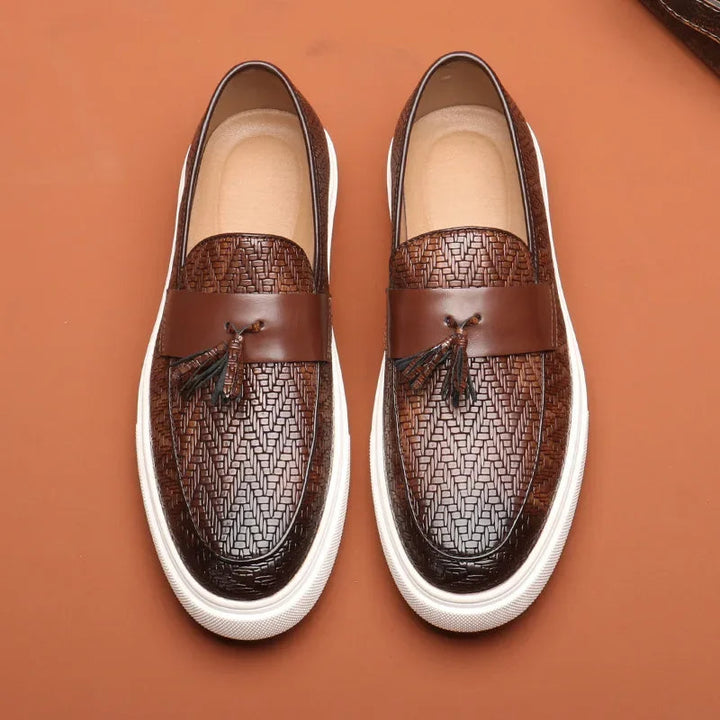 Versatile men's woven tassel loafers. Perfect dress or casual slip-on shoes for sophisticated style and comfort.