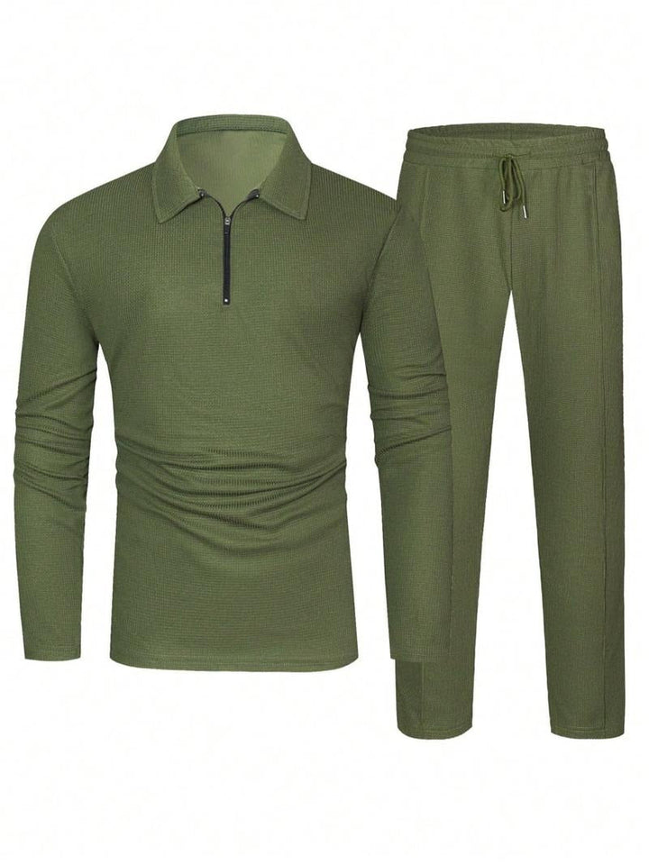 Men's stylish zip-neck lounge set. Two-piece cotton blend offers modern comfort & casual men's fashion.