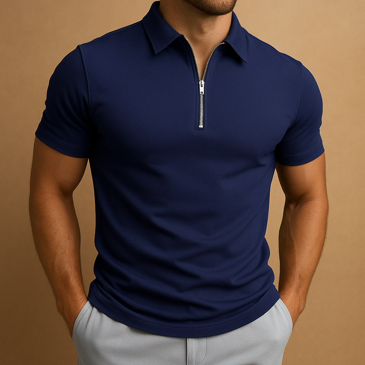 Versatile men's zip neck polo. Stylish short sleeve collared shirt perfect for casual or smart casual occasions.