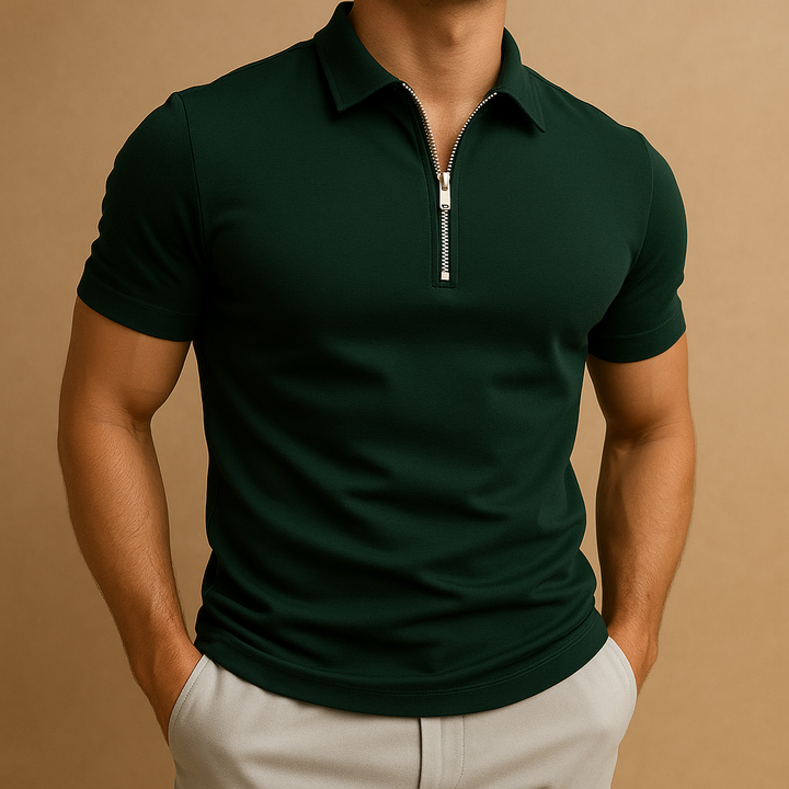 Men's short sleeve zip neck polo. Stylish collared shirt with a modern fit, ideal for casual & smart fashion.