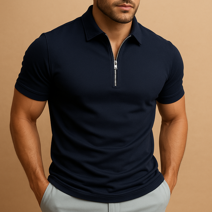 Men's stylish slim fit zip neck polo shirt. Modern short sleeve collared top for versatile men's fashion.