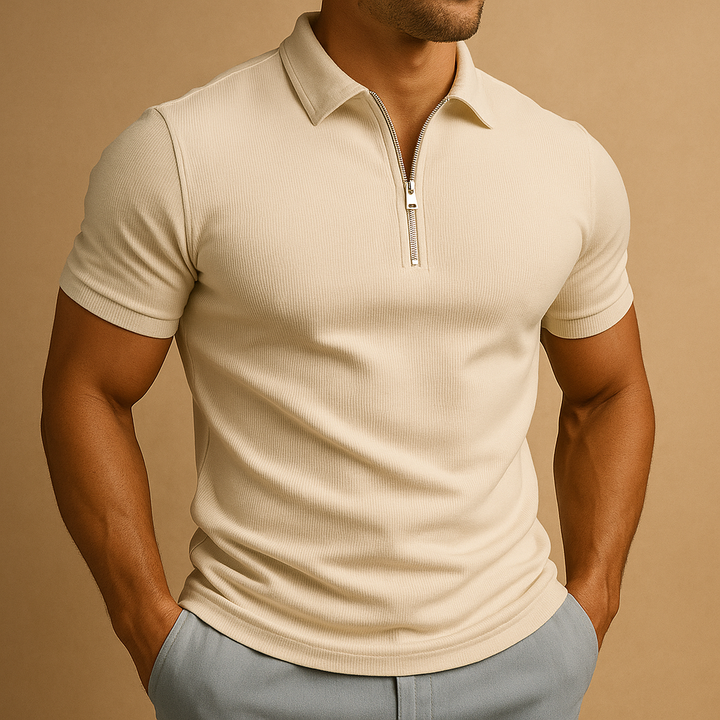 Comfortable men's zip neck polo shirt. Stylish slim fit short sleeve top for modern smart casual apparel.