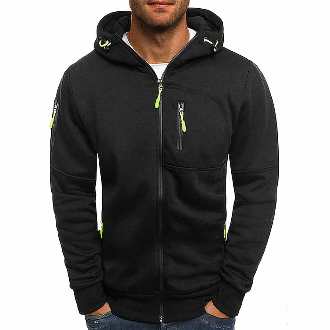 Modern men's zip-up hoodie, ideal stylish outerwear for casual wear & all-season layering comfort.