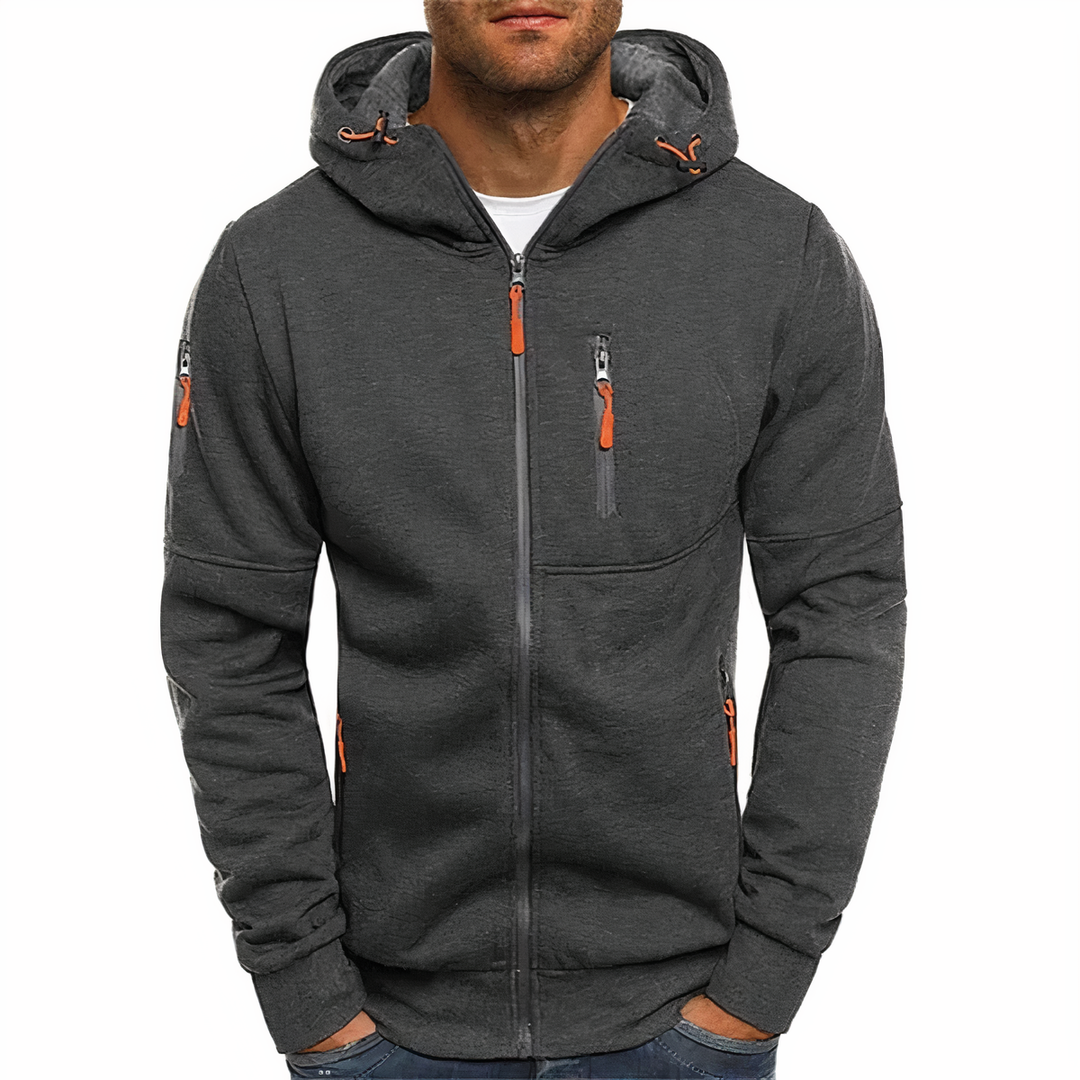 Durable men's zip-up hoodie for all-season comfort. Stylish casual wear, great for everyday layering.