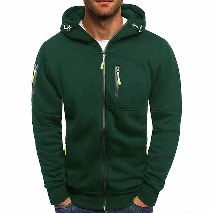 Fashionable men's zip-up hoodie. Comfortable & stylish outerwear for casual wear, ideal for layering.