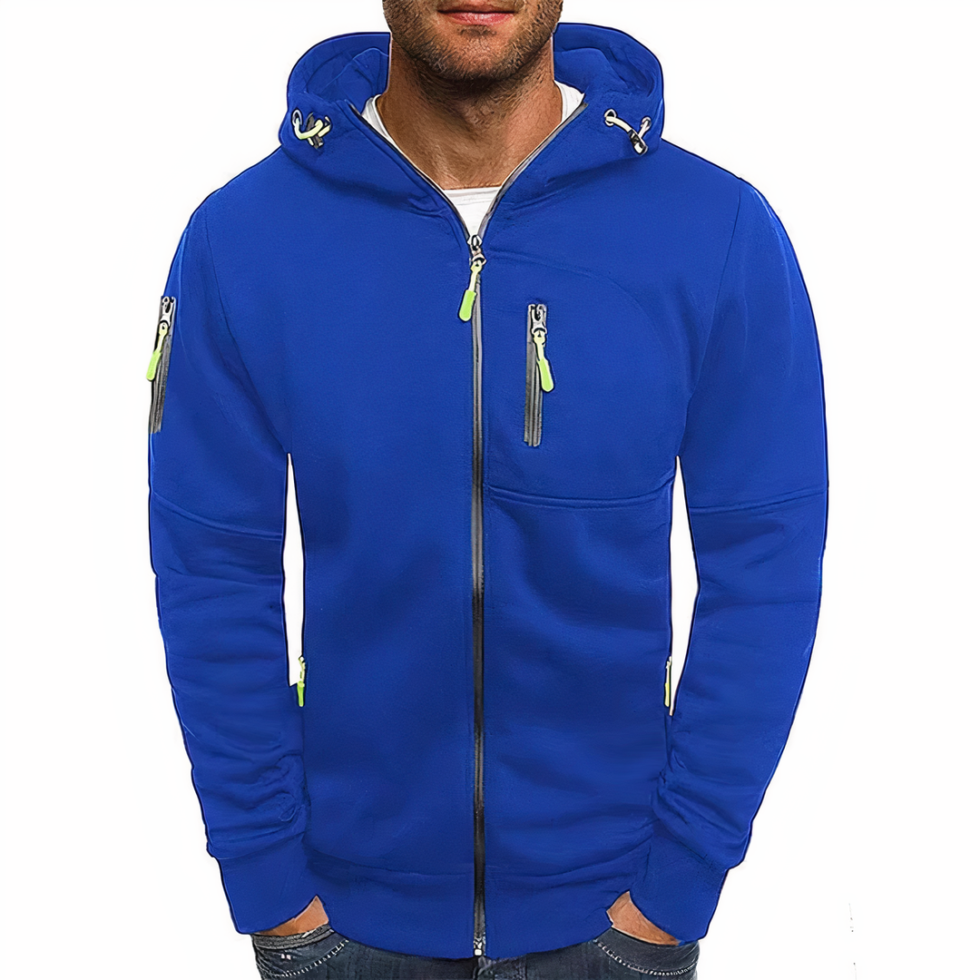 Everyday men's zip-up hoodie, perfect for all-season layering. Comfortable, stylish, & durable casual wear.