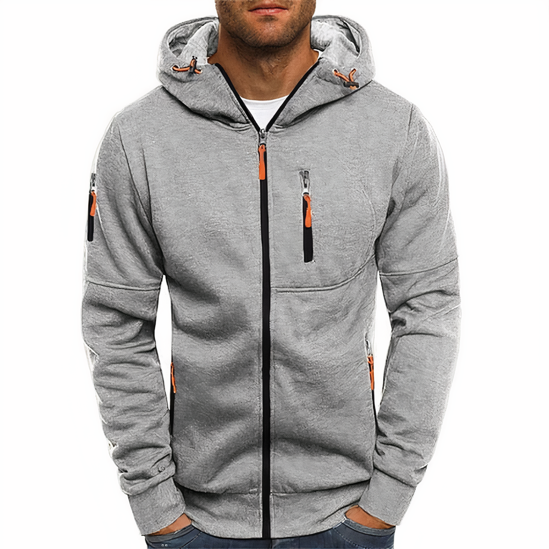 Modern men's stylish zip-up hoodie. Comfortable all-season outerwear for casual wear & everyday fashion.