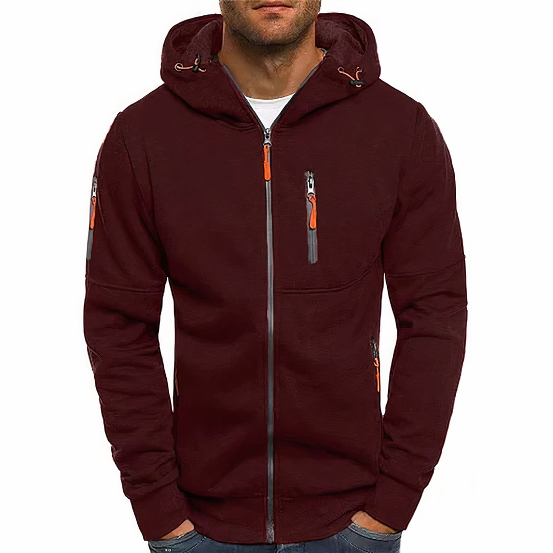Stylish men's zip-up hoodie for casual wear. Comfortable, durable, & versatile all-season outerwear.