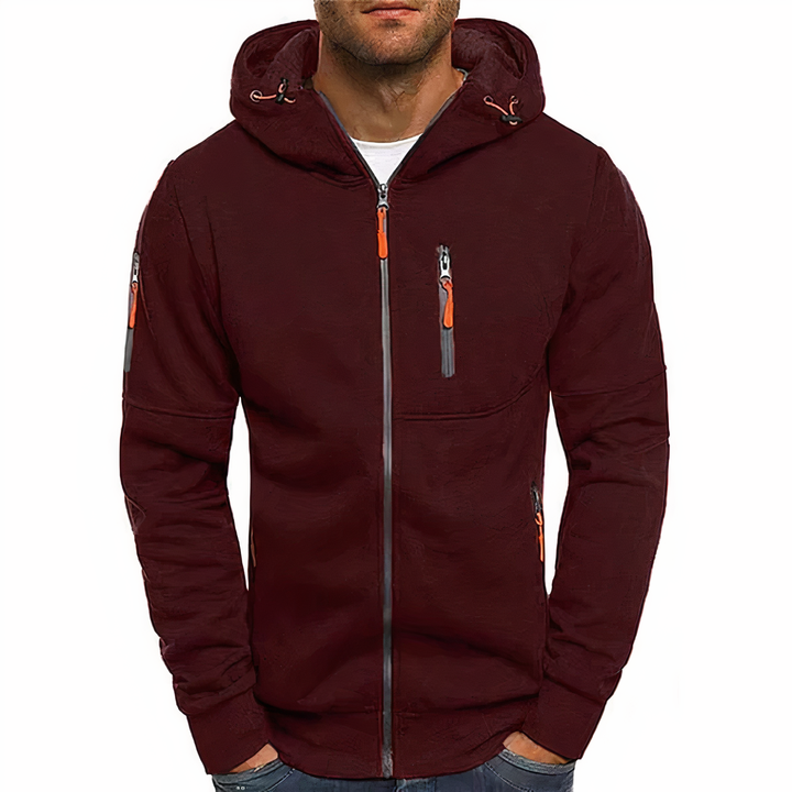 Stylish men's zip-up hoodie for casual wear. Comfortable, durable, & versatile all-season outerwear.