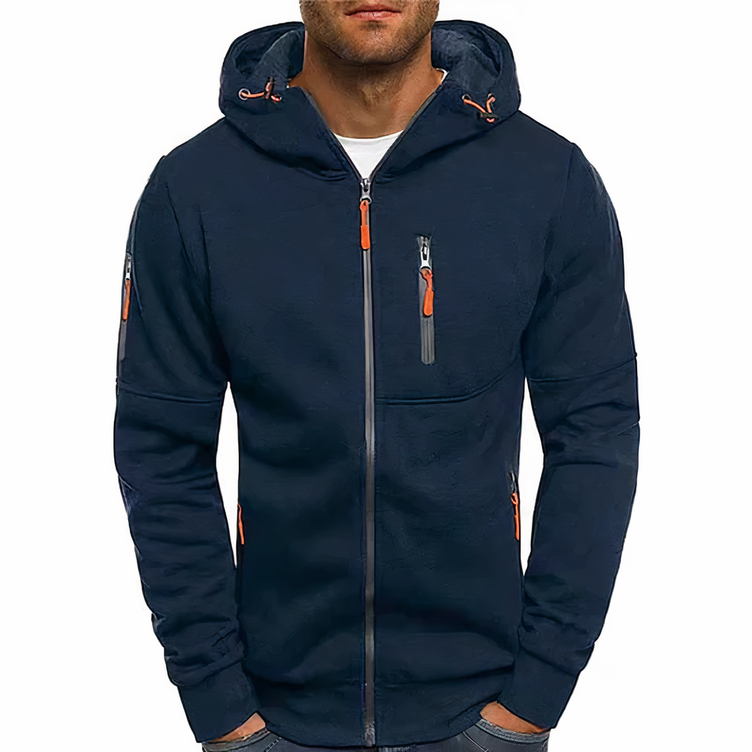Comfortable men's zip-up hoodie, ideal stylish outerwear for all-season casual wear & easy layering.