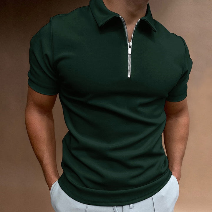 Stylish men's zip-up polo, a smart casual top offering comfort and a clean look.