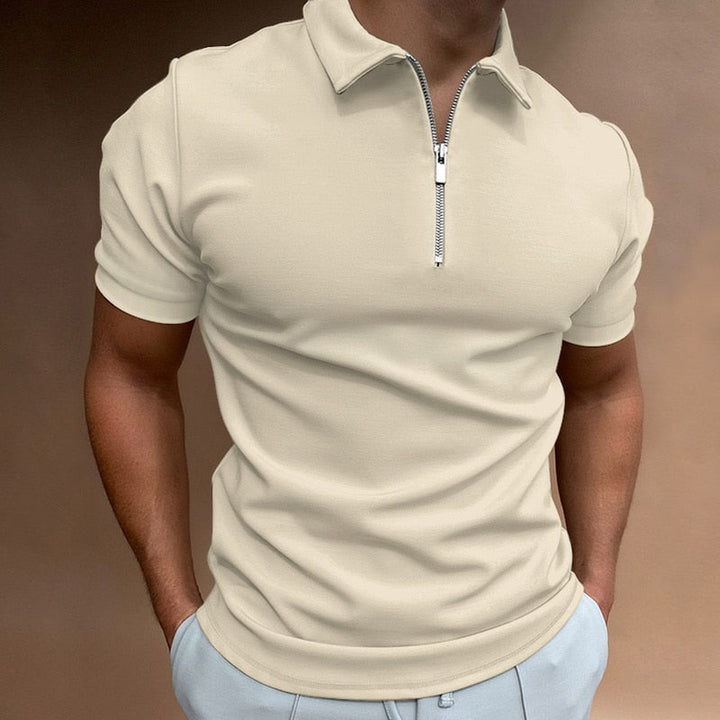Fashionable men's short-sleeve zip polo, a comfortable and versatile top for everyday wear.