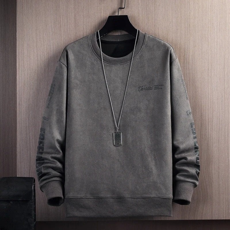 Men's Suede-Touch Crewneck Pullover in casual grey, perfect for comfortable everyday streetwear. Soft feel.