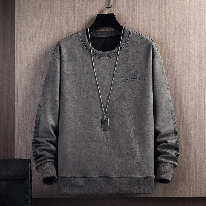 Men's Suede-Touch Crewneck Pullover in casual grey, perfect for comfortable everyday streetwear. Soft feel.