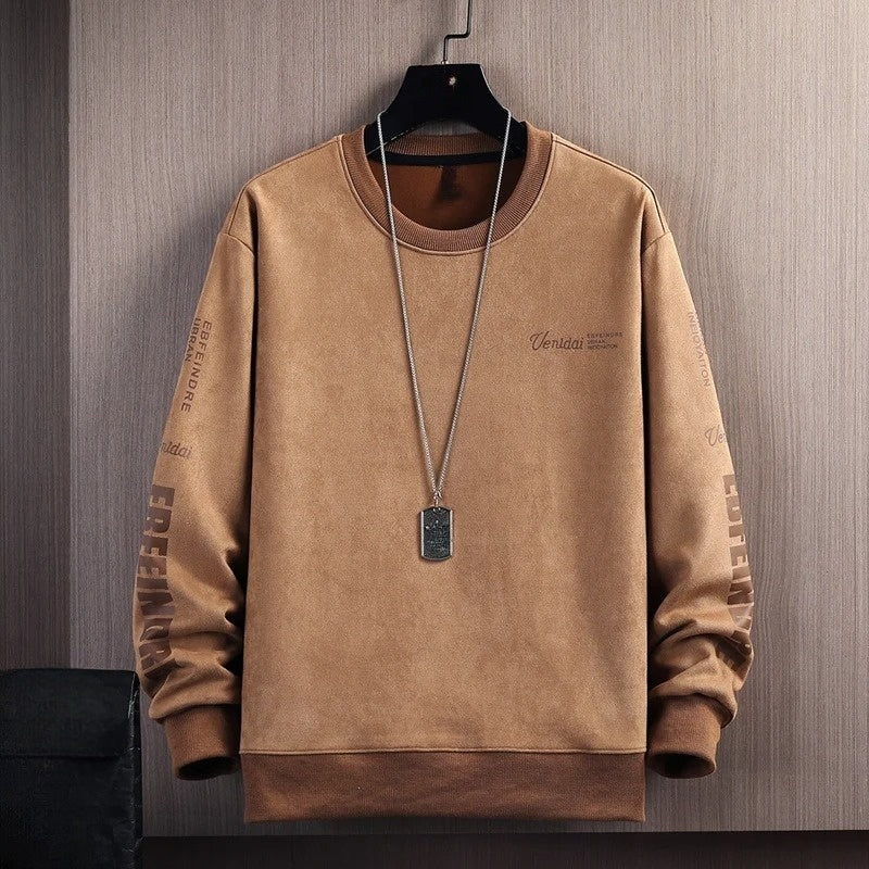 Soft touch men's crewneck pullover with suede-like feel. Comfortable and fade-resistant casual wear for men.