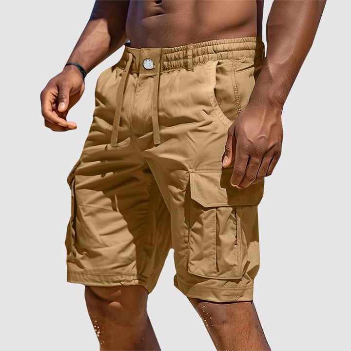 Men's summer adventure cargo shorts. Stylish cotton blend with utility pockets for outdoor & casual travel.