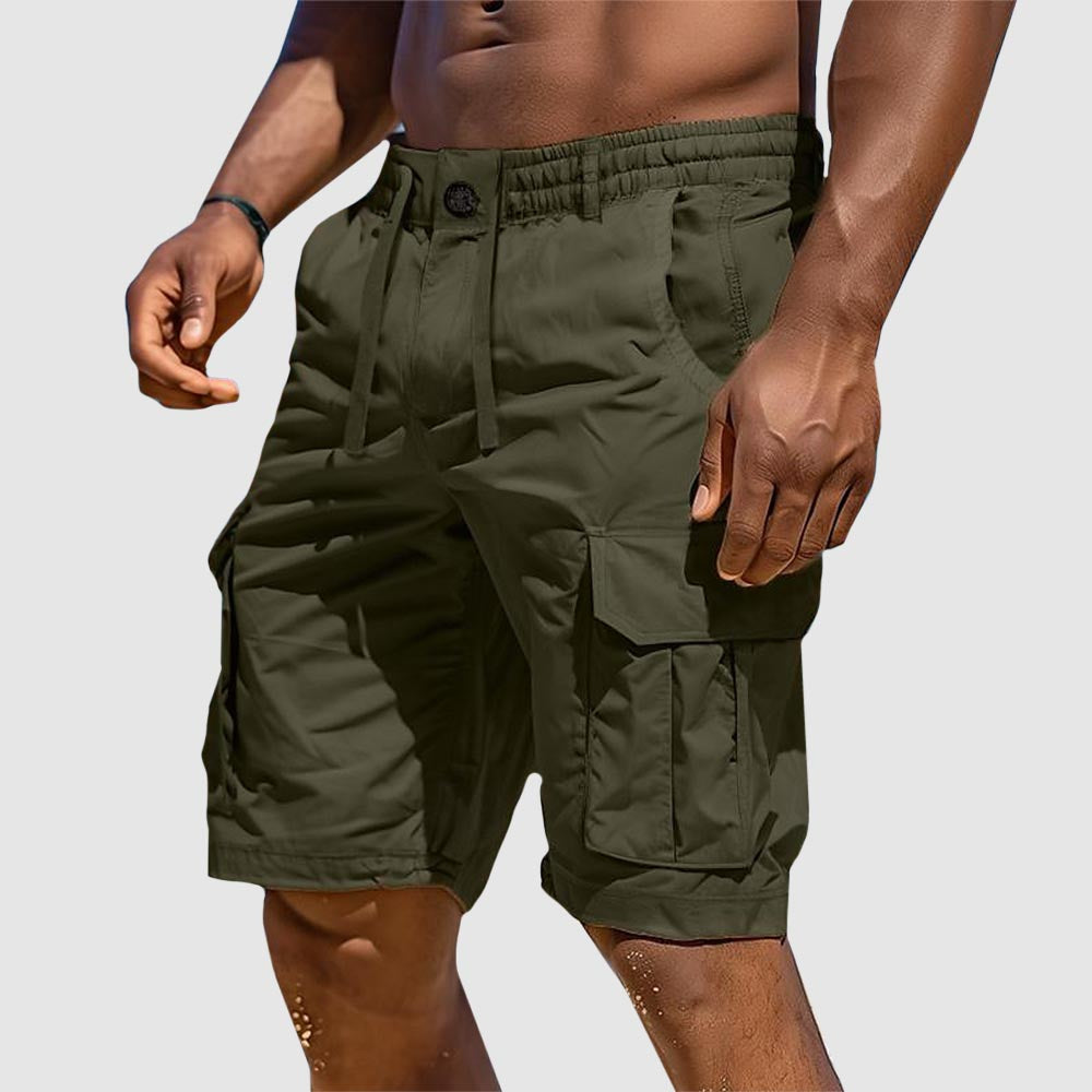 Detail shot of men's summer cargo shorts. Functional cotton blend fabric & utility pockets for outdoor adventure.