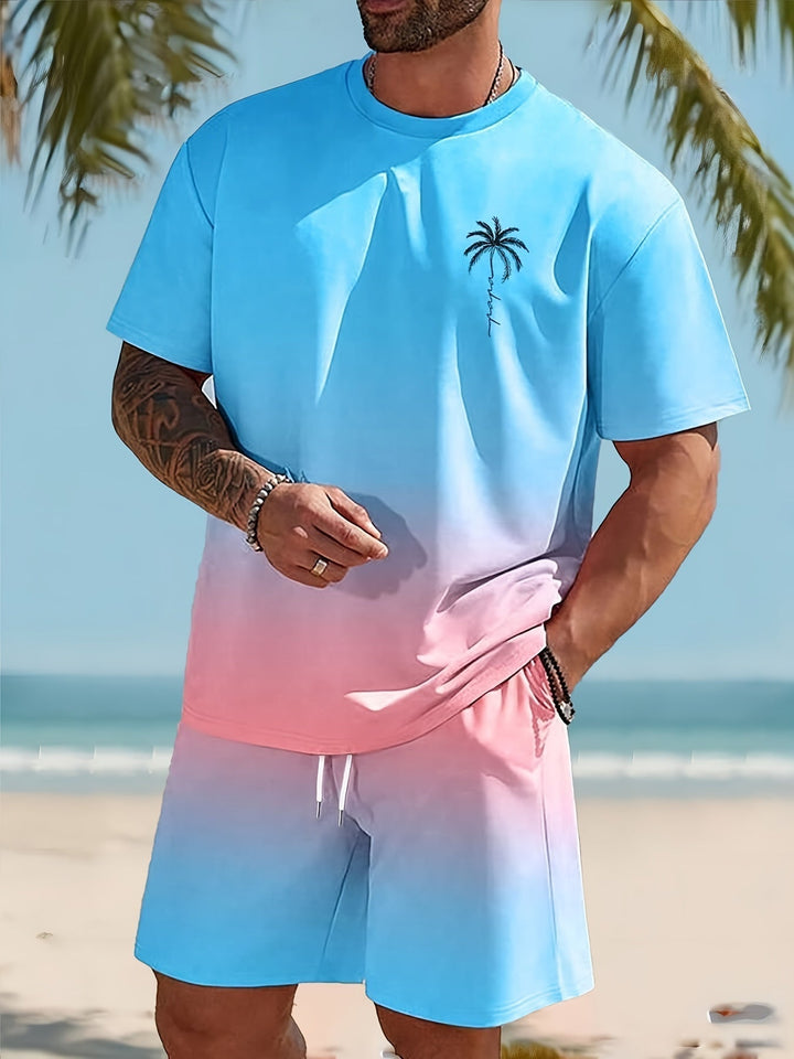 Men's summer casual navy blue t-shirt and shorts set, ideal for beachwear and vacation.