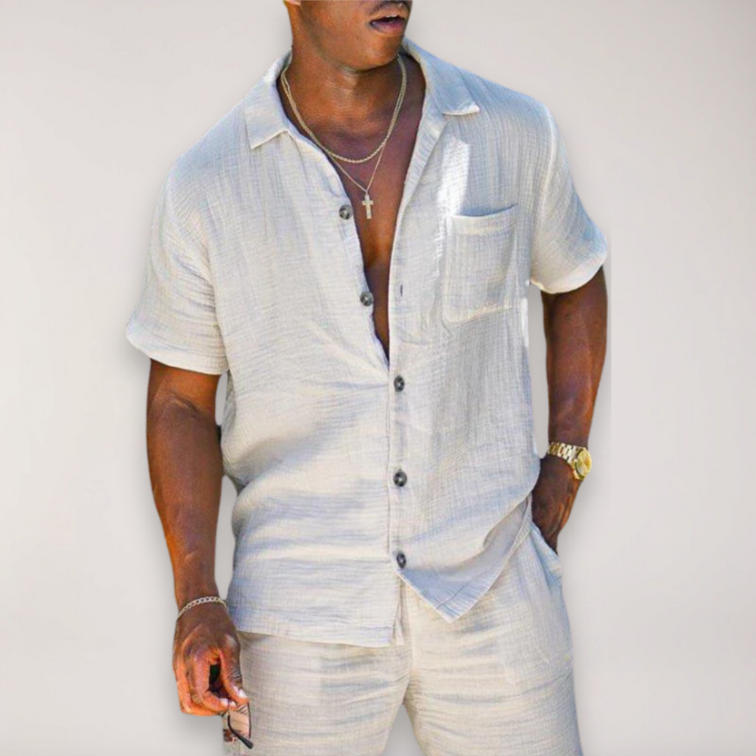 Men's summer relaxed fit two-piece shirt & shorts set. Perfect casual wear for warm weather & vacation.