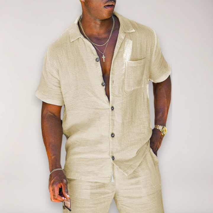 Stylish men's two-piece short sleeve shirt & shorts set for summer. Relaxed fit casual outfit.