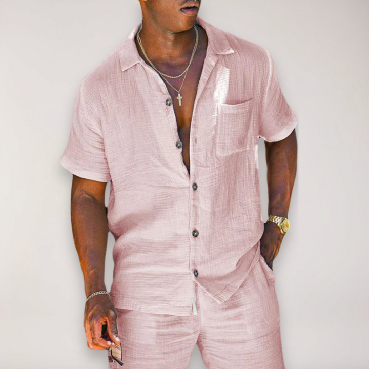 Relaxed fit men's summer two-piece casual set with short sleeve shirt & matching shorts. Ideal for vacation.