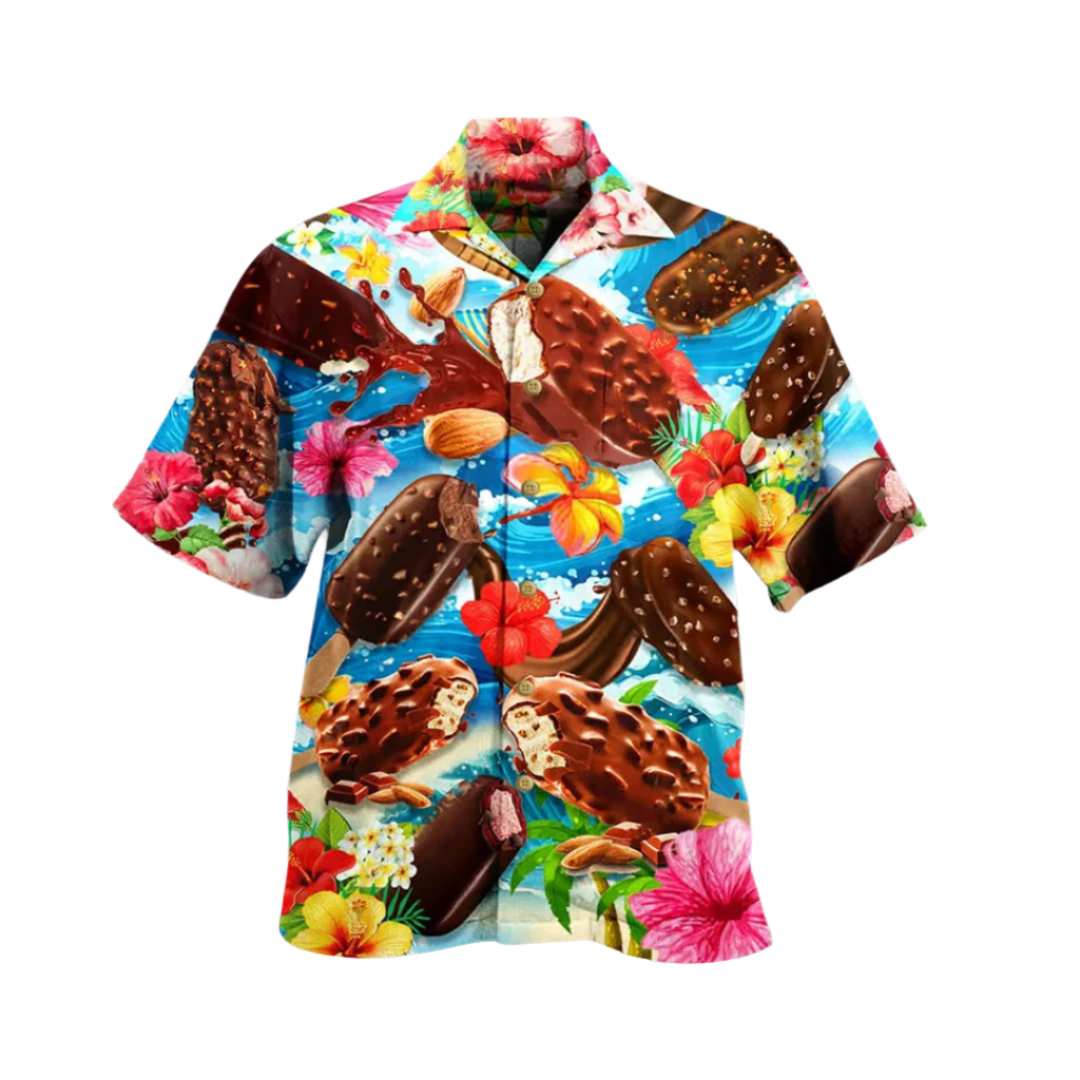 Trendy men's short-sleeve button-up shirt featuring a fun ice cream graphic print. Ideal for summer parties & casual wear.
