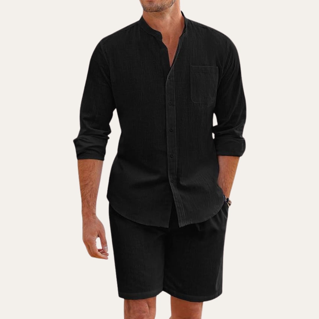 Men's summer two-piece set: long sleeve shirt & casual shorts. Relaxed fit men's fashion for beach & vacation wear.