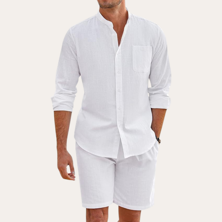 Stylish men's summer two-piece outfit with mandarin collar long sleeve shirt & casual shorts. Perfect vacation wear.