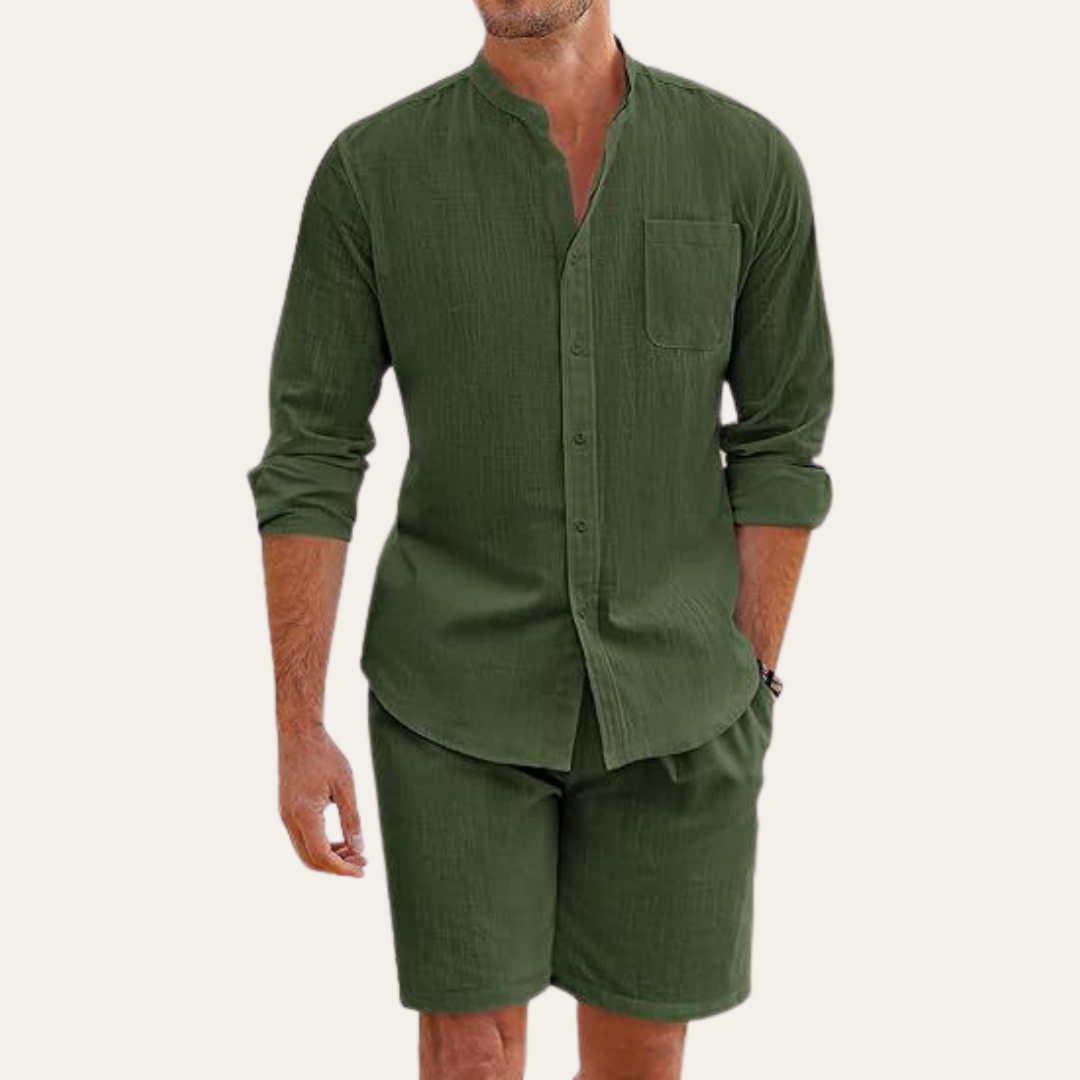Men's long sleeve summer shirt and matching casual shorts set. Trendy two-piece outfit for warm weather and beach.