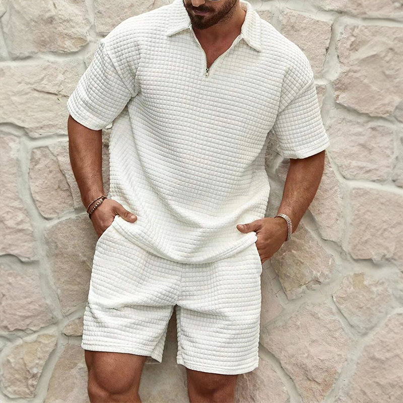 Men's summer waffle knit set with zip collar, perfect for breathable casual wear