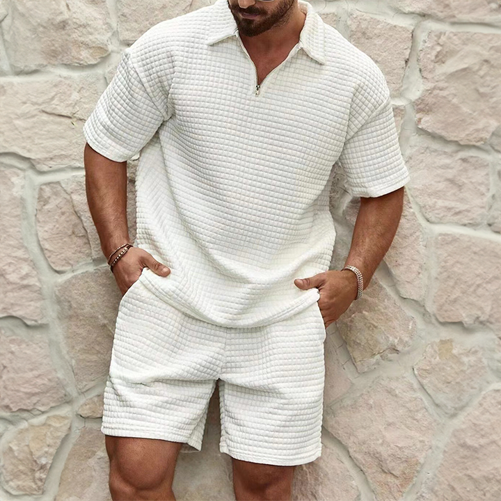 Men's summer waffle knit set with zip collar, perfect for breathable casual wear